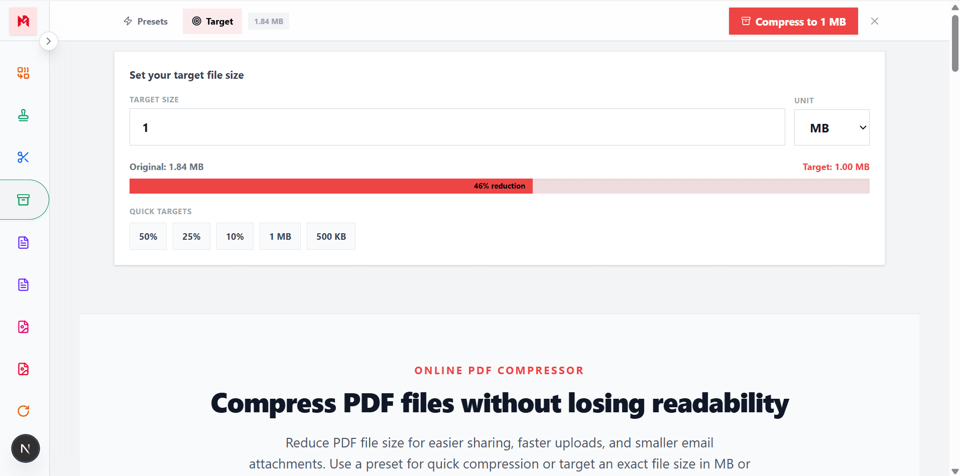 Choose compression level or target file size for a PDF