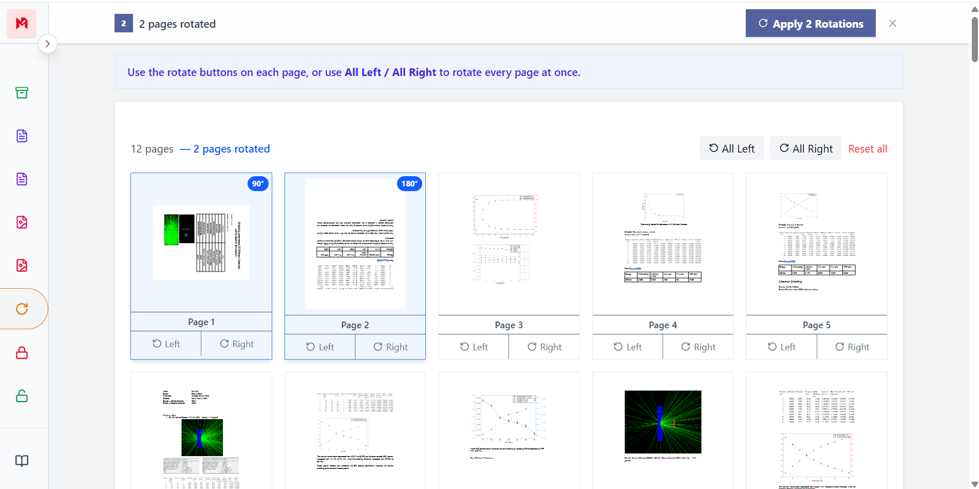 Rotate specific PDF pages independently using thumbnails